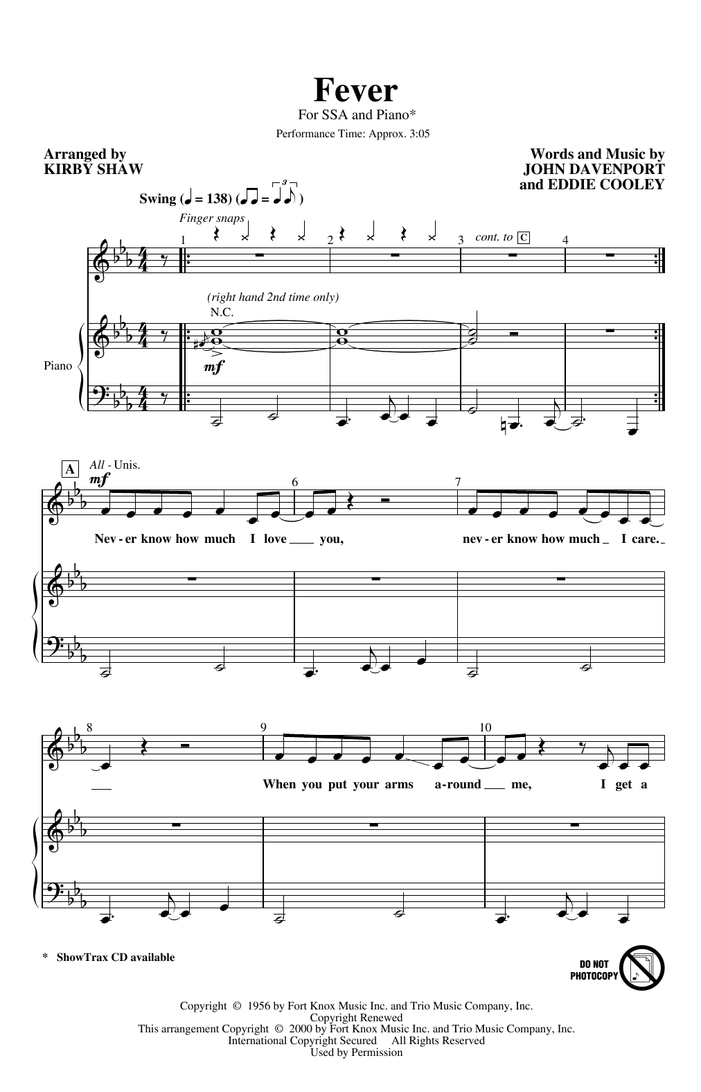 Peggy Lee "Fever (Arr. Kirby Shaw)" Sheet Music | Download.