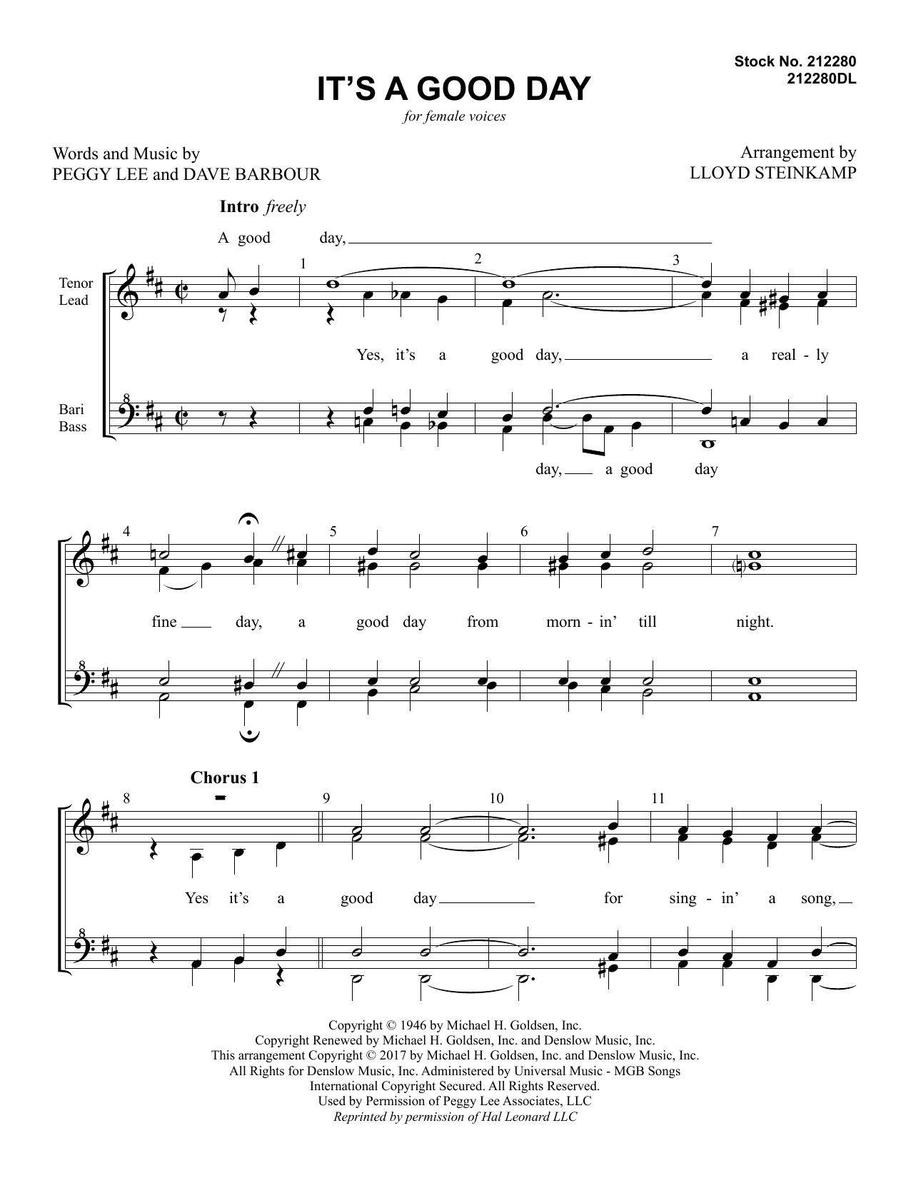 Learn to play Peggy Lee It's a Good Day (arr. Lloyd Steinkamp) sheet music for TTBB Choir in minutes. Peggy Lee It's a Good Day (arr. Lloyd Steinkamp) sheet music preview music notes and score for TTBB Choir including 6 page(s)
