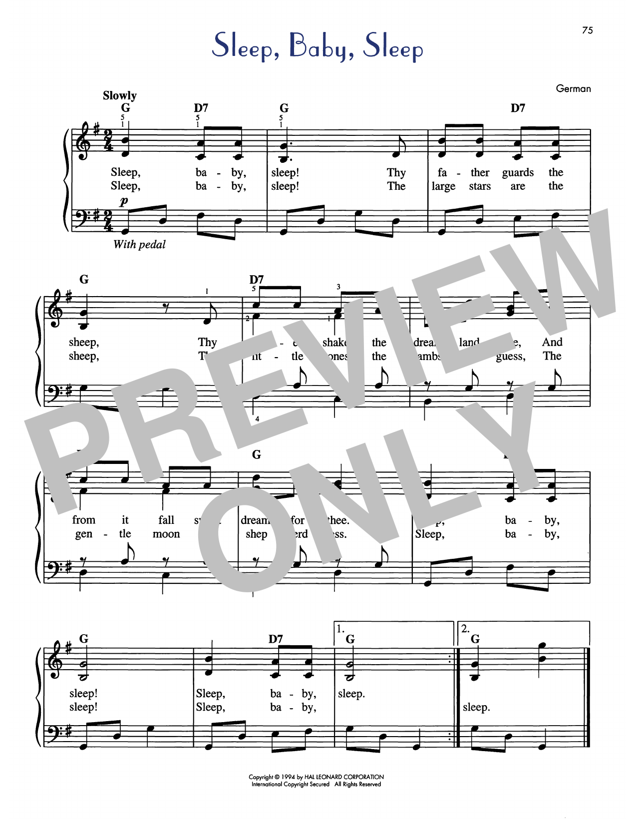 Pennsylvania Dutch Lullaby Sleep, Baby, Sleep sheet music, chords, lyrics - Printable PDF for Easy Piano