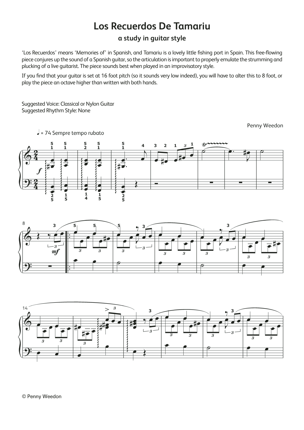 Penny Weedon Los Recuerdos de Tamariu (LCME Electronic Keyboard Grade 7 List A) sheet music, chords, lyrics - Printable PDF for Piano Solo