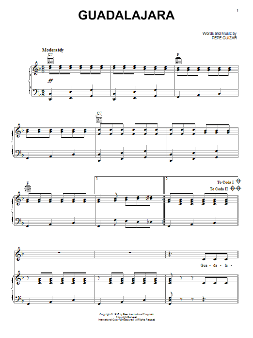 Download Pepe Guizar Guadalajara sheet music notes and chords for Piano, Vocal & Guitar (Right-Hand Melody) - Download Printable PDF and start playing in minutes.
