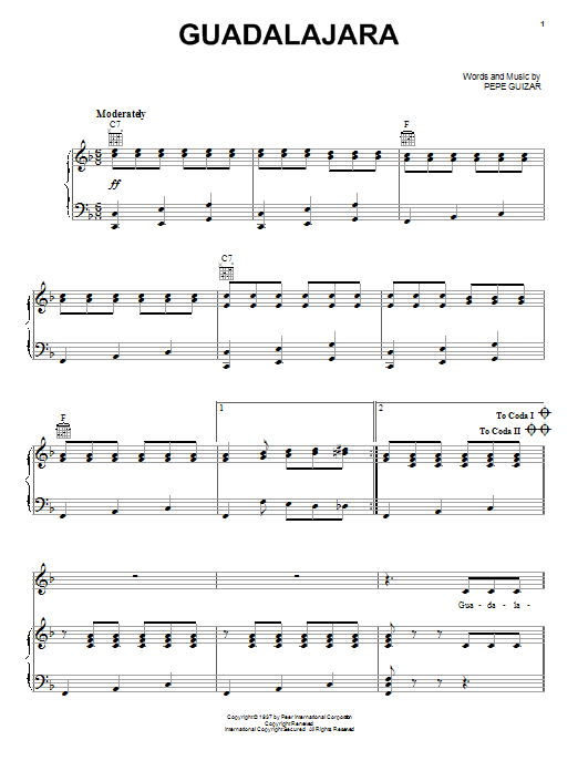 Learn to play Pepe Guizar Guadalajara sheet music for Real Book – Melody & Chords in minutes. Pepe Guizar Guadalajara sheet music preview music notes and score for Real Book – Melody & Chords including 2 page(s)