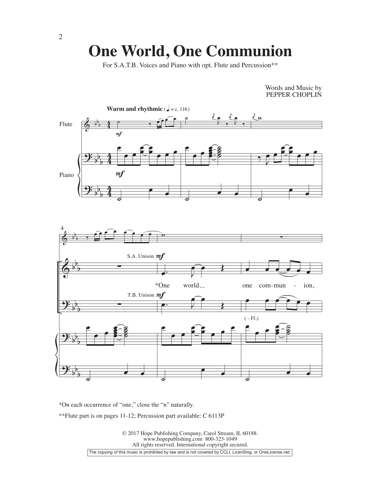 Pepper Choplin One World, One Communion sheet music, chords, lyrics - Printable PDF for SATB Choir
