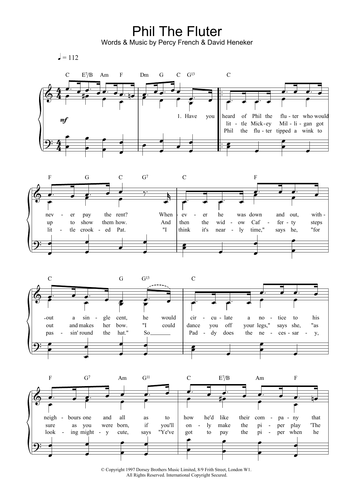Percy French Phil The Fluter sheet music preview music notes and score for Piano, Vocal & Guitar (Right-Hand Melody) including 3 page(s)