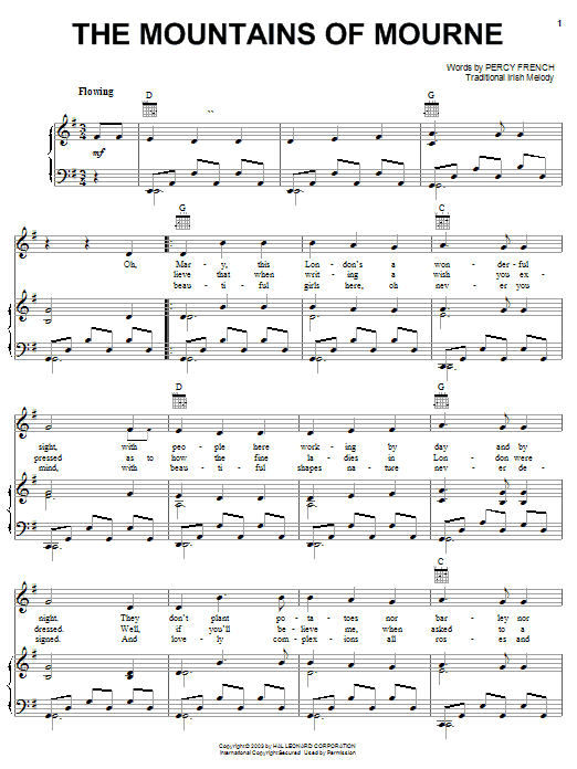 Percy French The Mountains Of Mourne sheet music preview music notes and score for Piano, Vocal & Guitar (Right-Hand Melody) including 3 page(s)