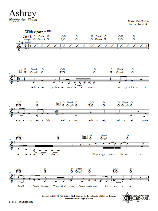 Learn to play Peri Smilow Ashrey sheet music for Melody Line, Lyrics & Chords in minutes. Peri Smilow Ashrey sheet music preview music notes and score for Melody Line, Lyrics & Chords including 2 page(s)