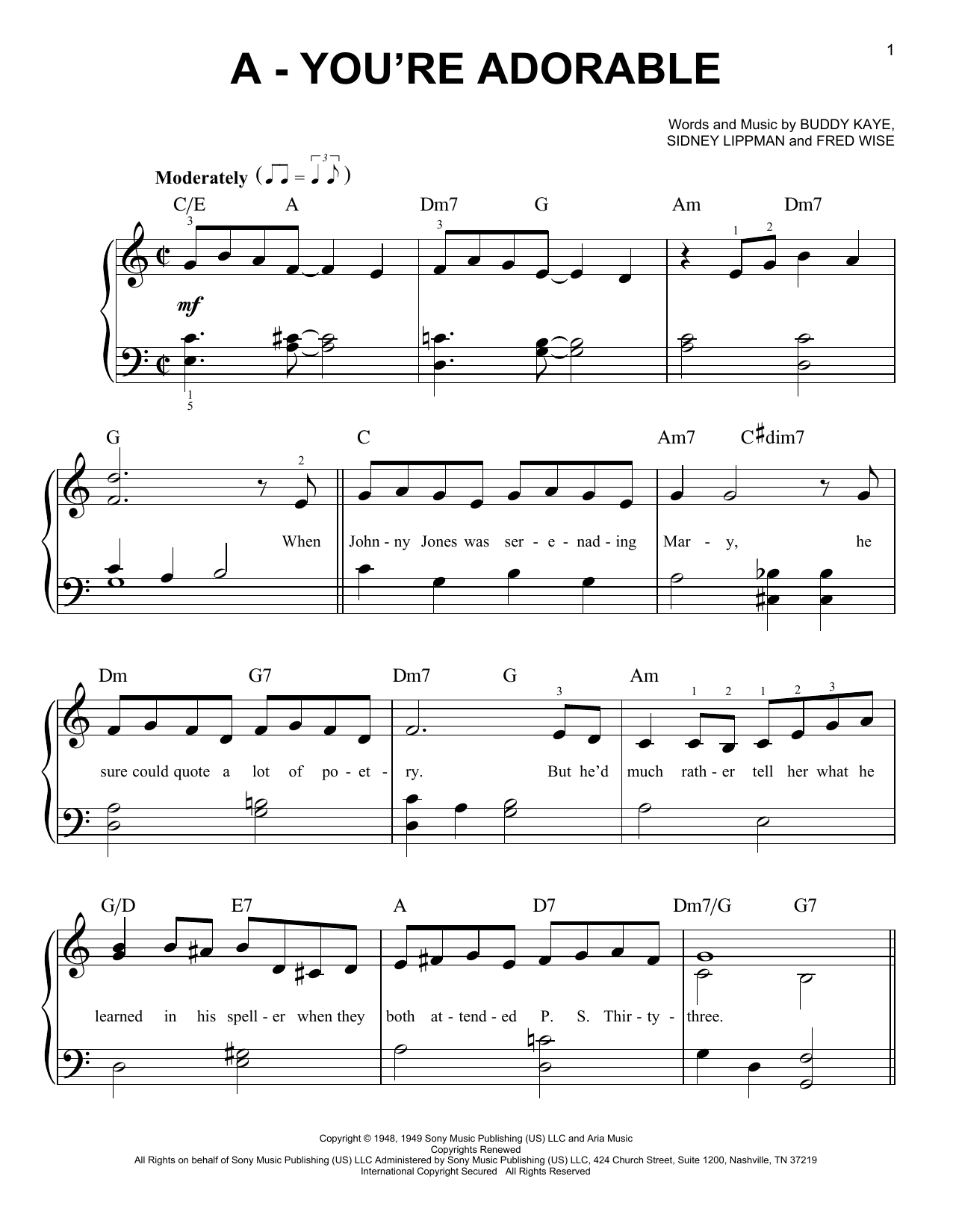 Perry Como & The Fontane Sisters A - You're Adorable sheet music, chords, lyrics - Printable PDF for Easy Piano