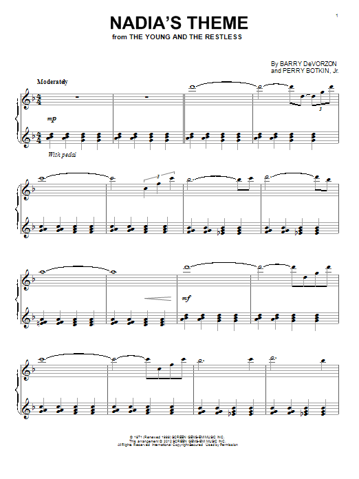 Learn to play Barry DeVorzon & Perry Botkin Jr. Nadia's Theme sheet music for Piano in minutes. Barry DeVorzon & Perry Botkin Jr. Nadia's Theme sheet music preview music notes and score for Piano including 2 page(s)