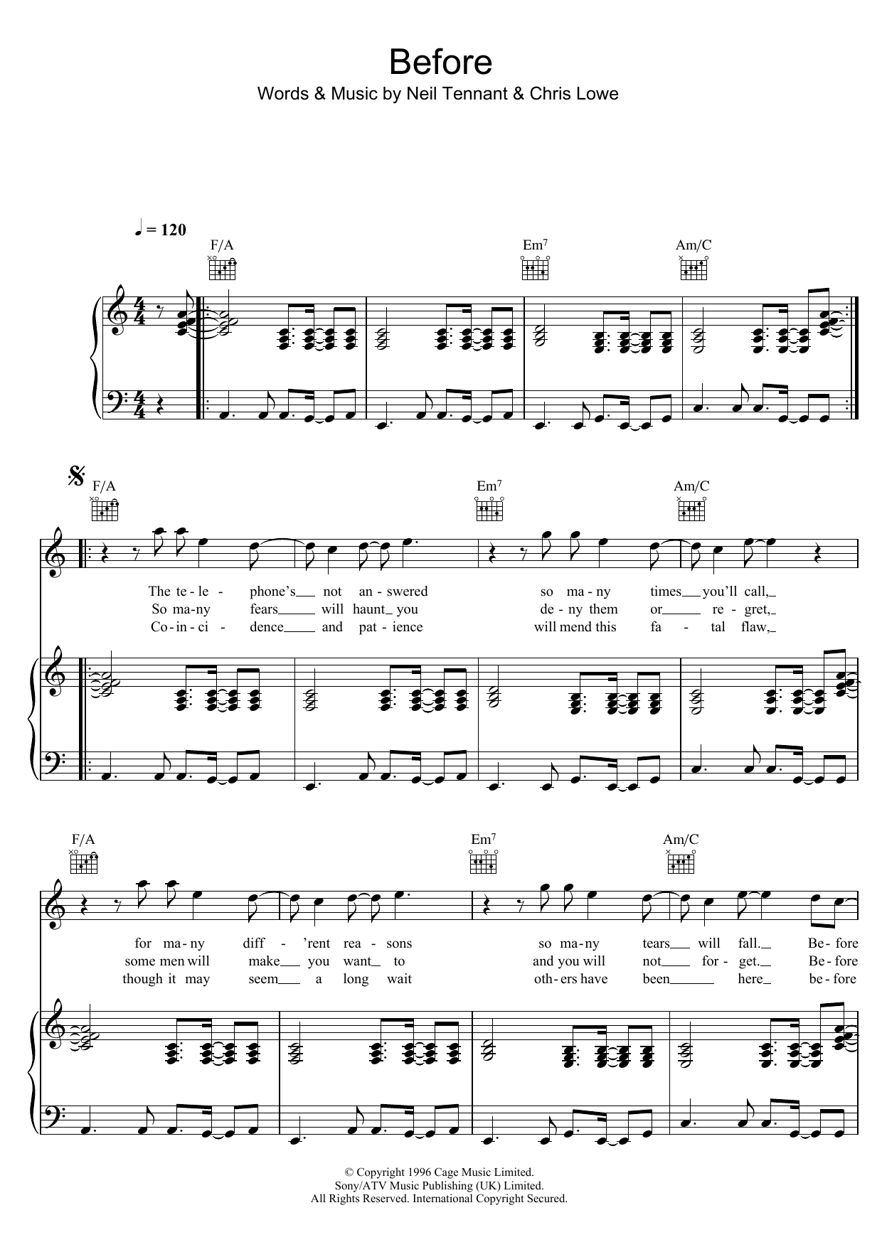Pet Shop Boys Before sheet music, chords, lyrics - Printable PDF for Piano, Vocal & Guitar (Right-Hand Melody)
