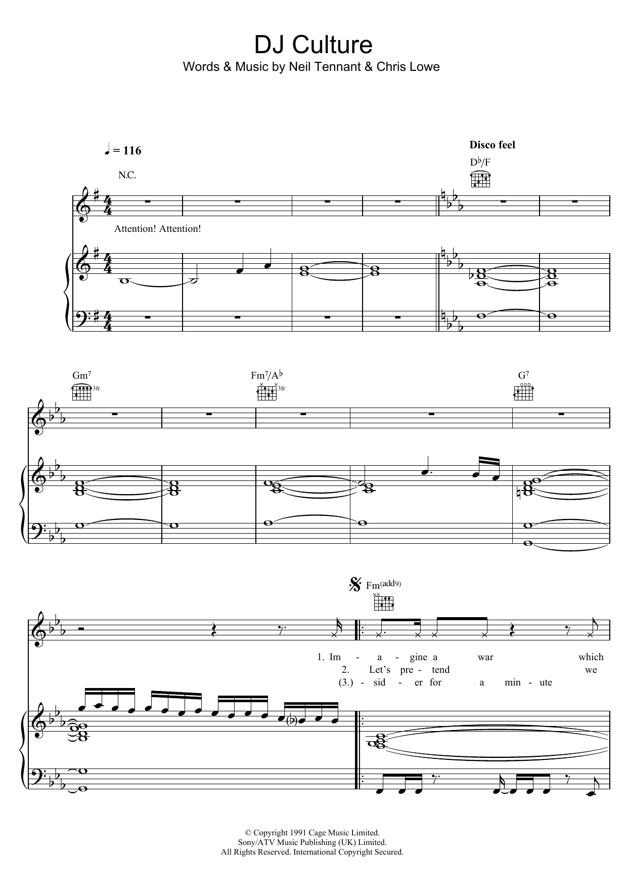 Pet Shop Boys DJ Culture sheet music, chords, lyrics - Printable PDF for Piano, Vocal & Guitar (Right-Hand Melody)