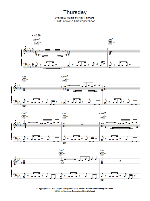 Pet Shop Boys Thursday (feat. Example) sheet music, chords, lyrics - Printable PDF for Piano, Vocal & Guitar (Right-Hand Melody)