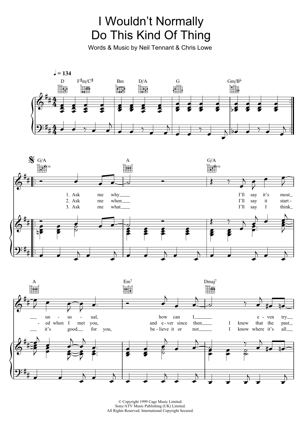 Pet Shop Boys I Wouldn't Normally Do This Kind Of Thing sheet music, chords, lyrics - Printable PDF for Piano, Vocal & Guitar (Right-Hand Melody)