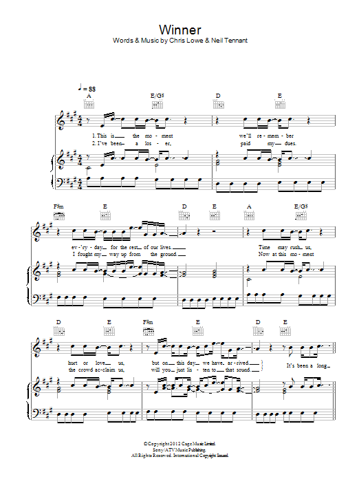 Pet Shop Boys Winner sheet music, chords, lyrics - Printable PDF for Piano, Vocal & Guitar (Right-Hand Melody)