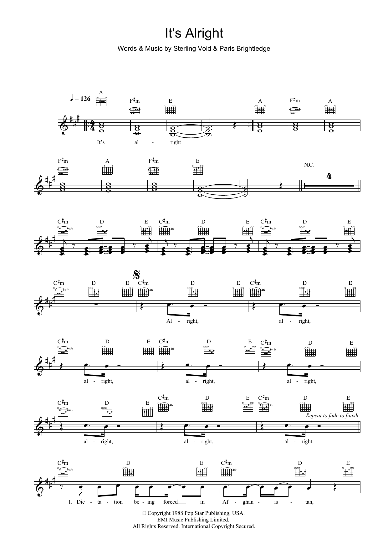 Pet Shop Boys It's Alright sheet music preview music notes and score for Melody Line, Lyrics & Chords including 4 page(s)
