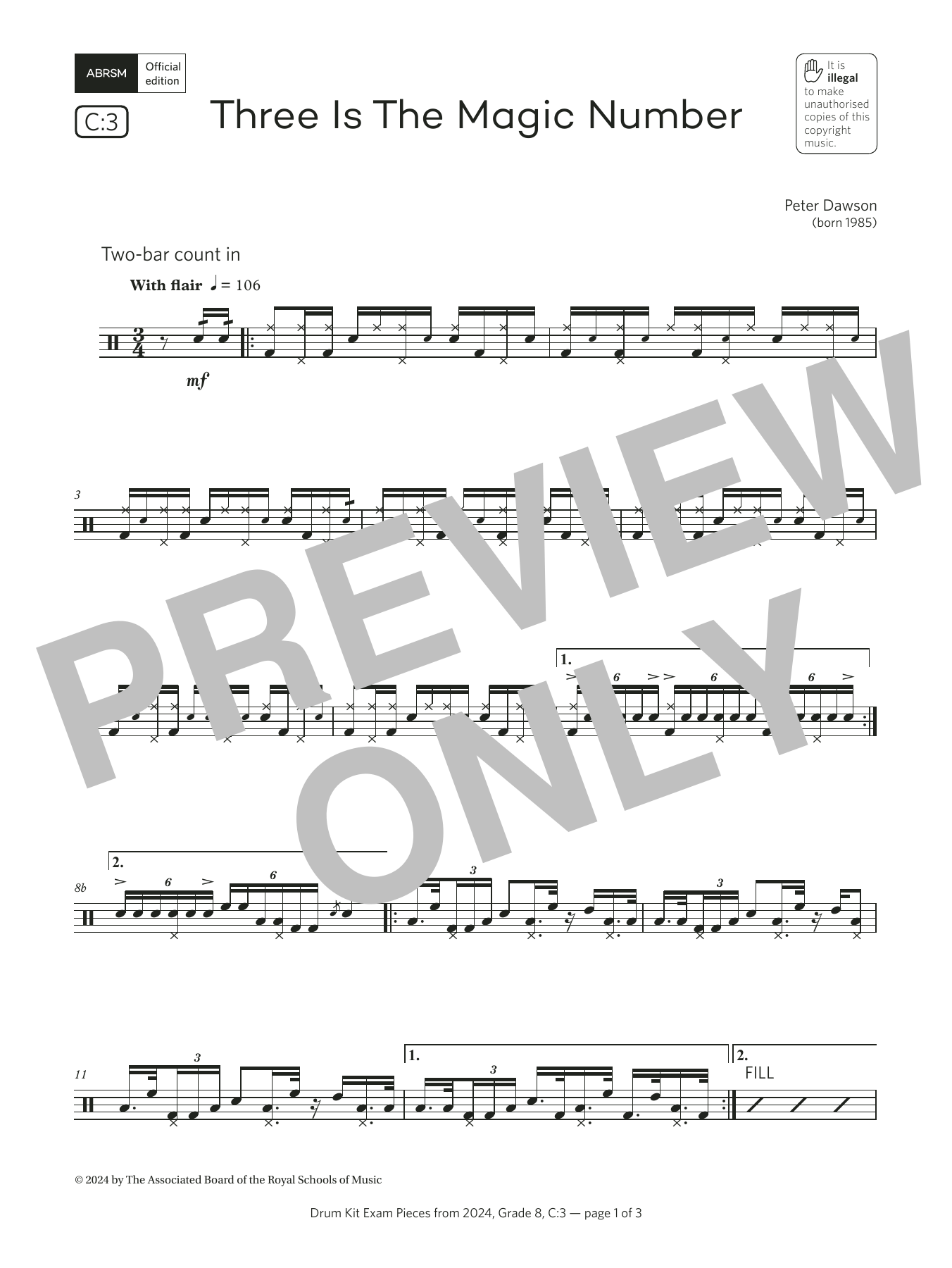Pete Dawson Three Is The Magic Number (Grade 8, list C3, from the ABRSM Drum Kit Syllabus 2024) sheet music, chords, lyrics - Printable PDF for Drums