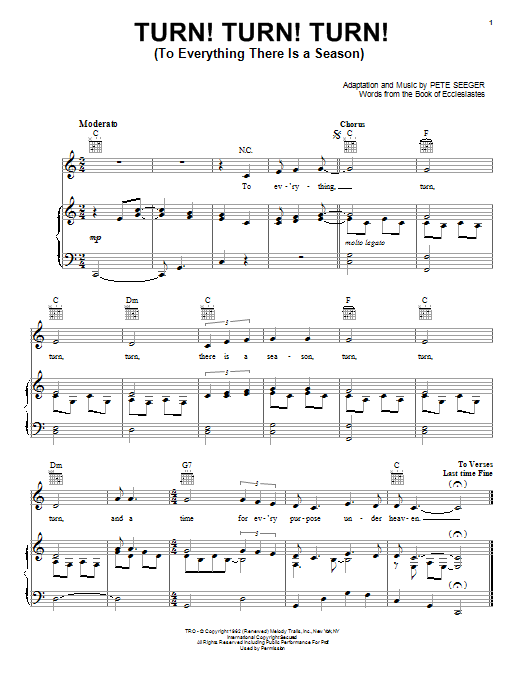 The Byrds Turn! Turn! Turn! (To Everything There Is A Season) sheet music, chords, lyrics - Printable PDF for Piano, Vocal & Guitar (Right-Hand Melody)