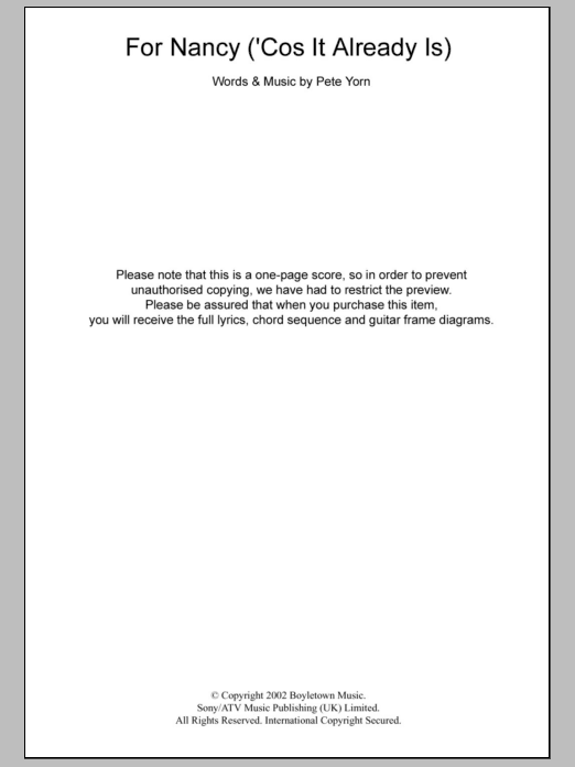 Pete Yorn For Nancy (‘Cos It Already Is) sheet music, chords, lyrics - Printable PDF for Lyrics & Chords