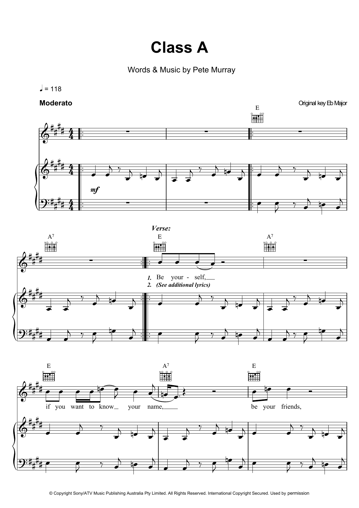 Learn to play Pete Murray Class A sheet music for Piano, Vocal & Guitar in minutes. Pete Murray Class A sheet music preview music notes and score for Piano, Vocal & Guitar including 5 page(s)