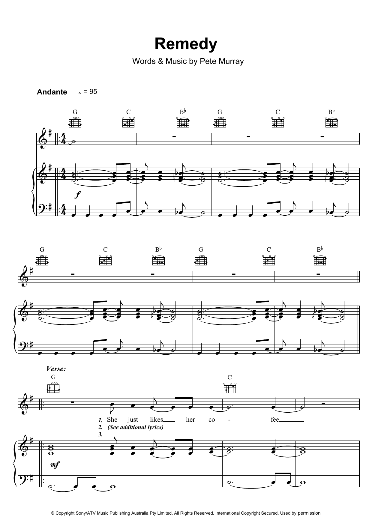 Learn to play Pete Murray Remedy sheet music for Piano, Vocal & Guitar (Right-Hand Melody) in minutes. Pete Murray Remedy sheet music preview music notes and score for Piano, Vocal & Guitar (Right-Hand Melody) including 6 page(s)
