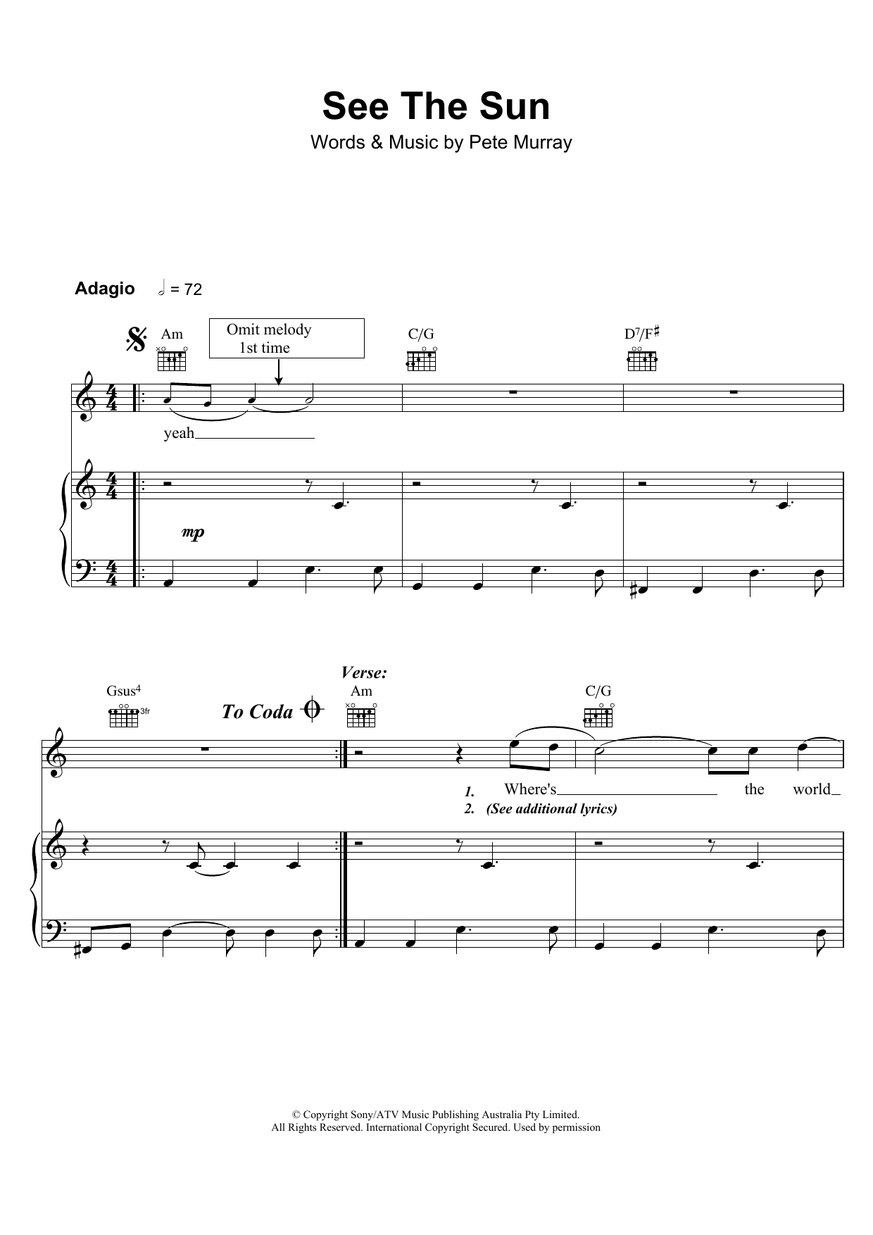Learn to play Pete Murray See The Sun sheet music for Piano, Vocal & Guitar in minutes. Pete Murray See The Sun sheet music preview music notes and score for Piano, Vocal & Guitar including 6 page(s)