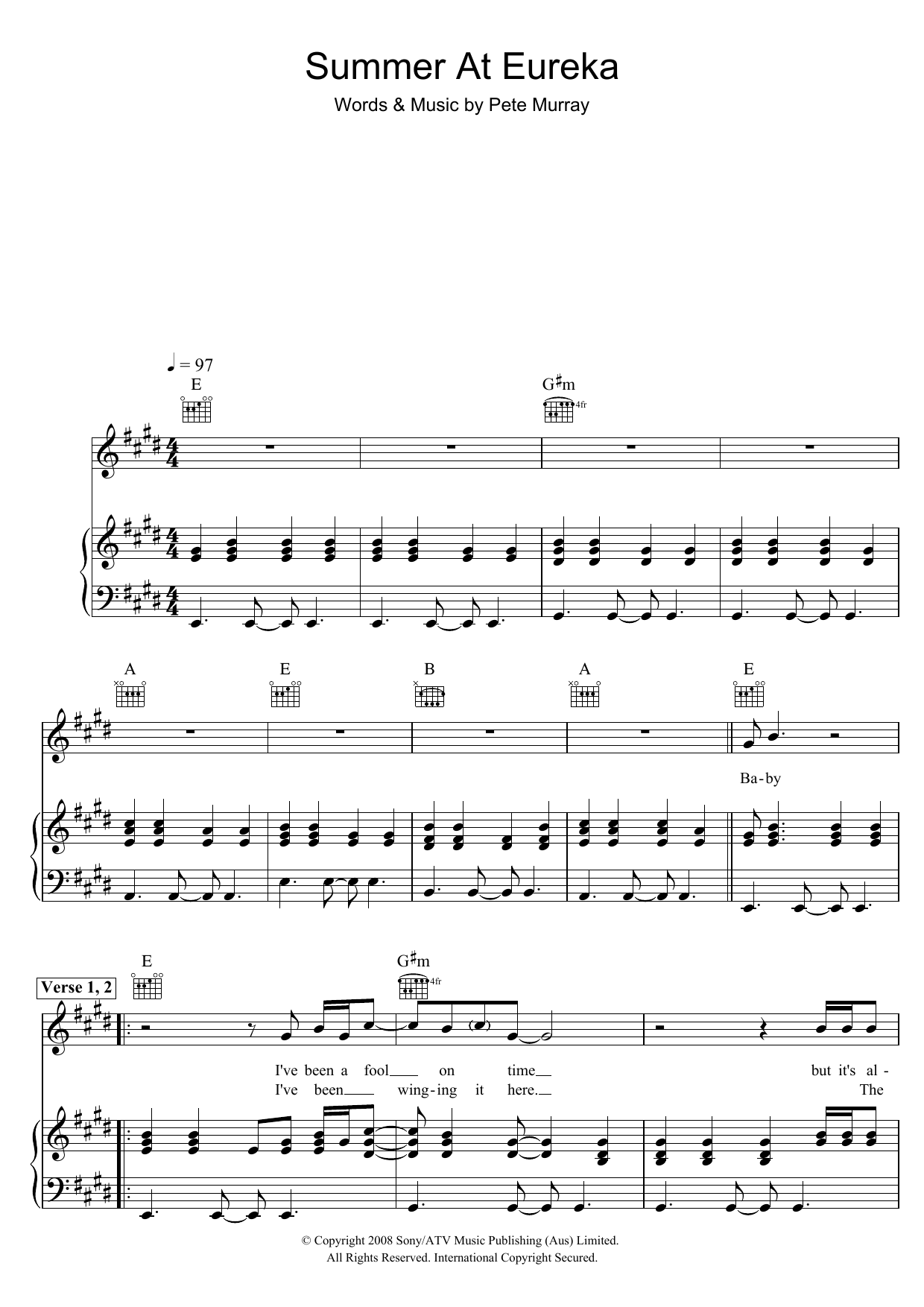 Pete Murray Summer At Eureka sheet music preview music notes and score for Piano, Vocal & Guitar (Right-Hand Melody) including 4 page(s)
