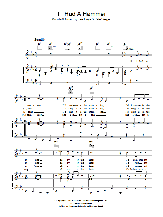 Learn to play Trini Lopez If I Had A Hammer sheet music for Piano, Vocal & Guitar (Right-Hand Melody) in minutes. Trini Lopez If I Had A Hammer sheet music preview music notes and score for Piano, Vocal & Guitar (Right-Hand Melody) including 2 page(s)