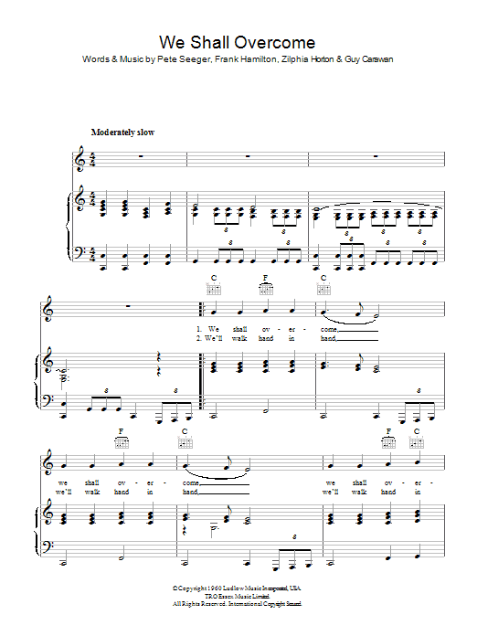 Pete Seeger We Shall Overcome sheet music preview music notes and score for Piano, Vocal & Guitar (Right-Hand Melody) including 3 page(s)