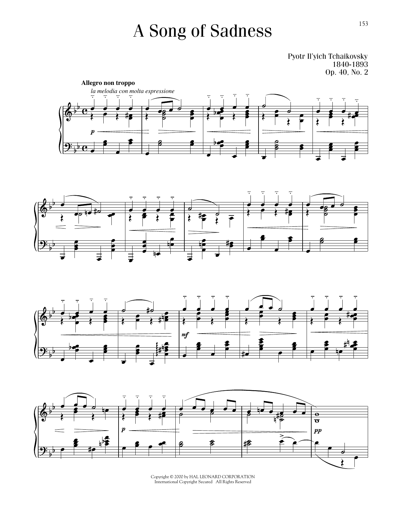 Pyotr Il'yich Tchaikovsky Chanson Triste, Op. 40, No. 2 sheet music, chords, lyrics - Printable PDF for Piano Solo