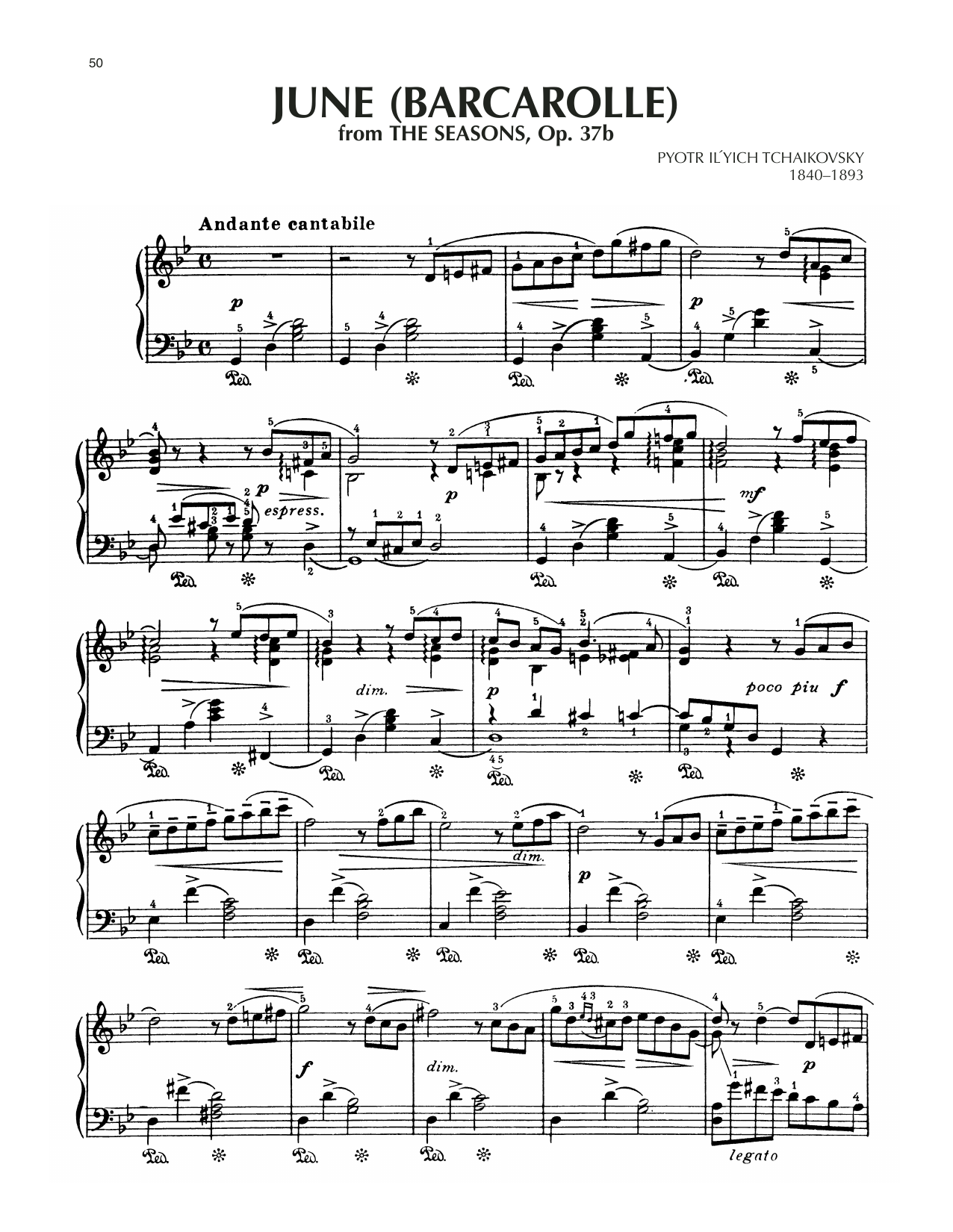 Pyotr Il'yich Tchaikovsky June: Barcarolle, Op. 37a/b sheet music, chords, lyrics - Printable PDF for Piano Solo