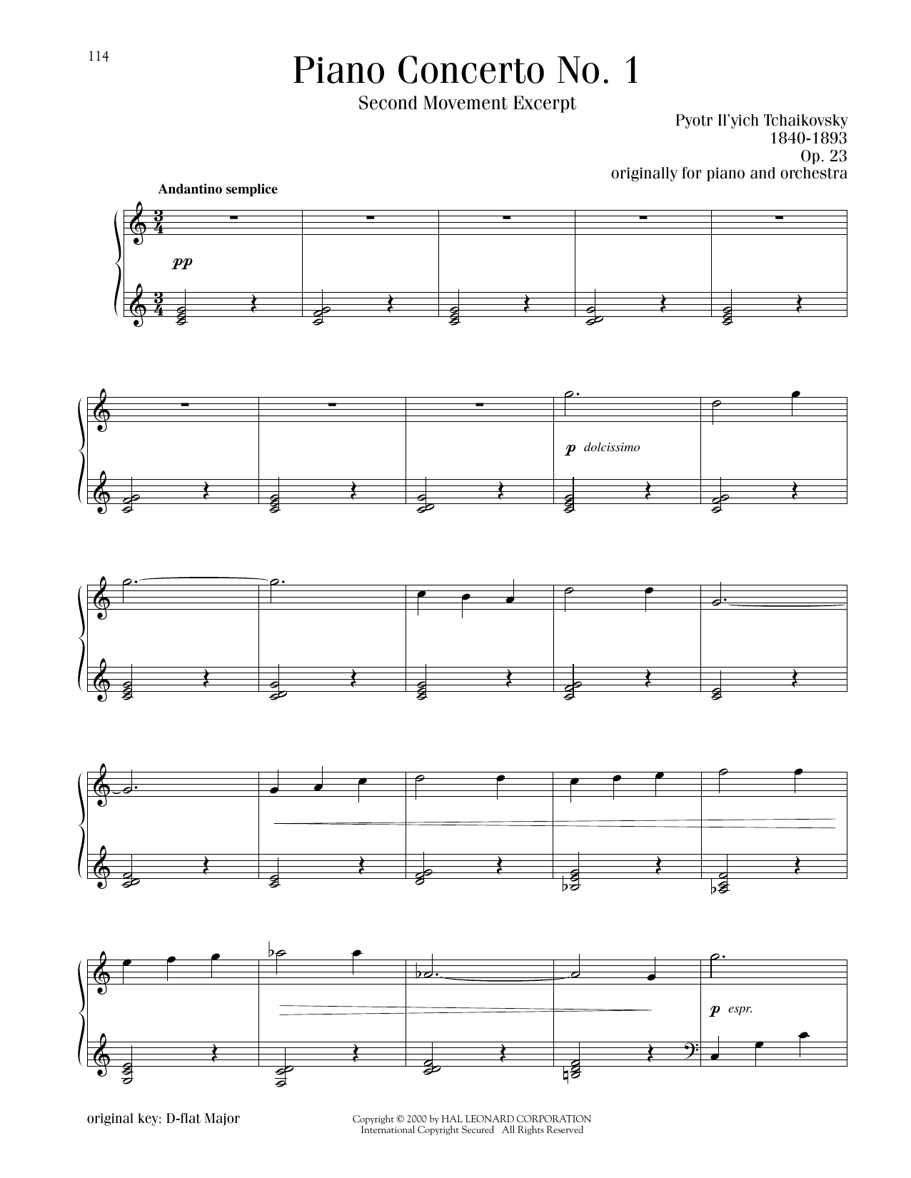 Pyotr Il'yich Tchaikovsky Piano Concerto No. 1 In B-Flat Minor, Op. 23, Second Movement Excerpt sheet music, chords, lyrics - Printable PDF for Piano Solo