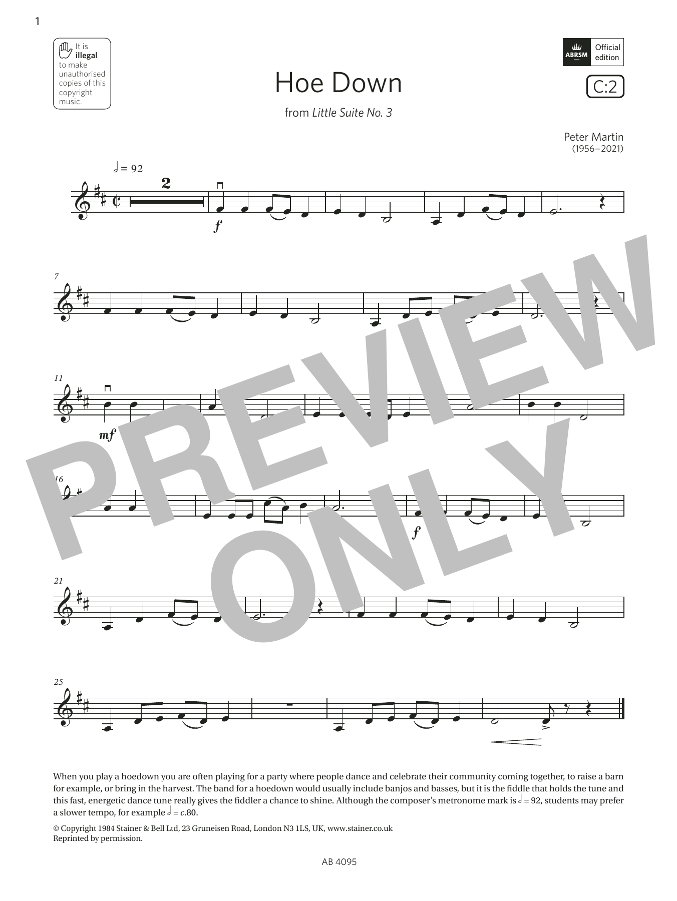 Peter Martin Hoe Down (Grade 1, C2, from the ABRSM Violin Syllabus from 2024) sheet music, chords, lyrics - Printable PDF for Violin Solo