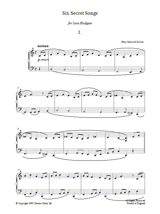 Peter Maxwell Davies Six Secret Songs, No.1, Andante sheet music, chords, lyrics - Printable PDF for Piano