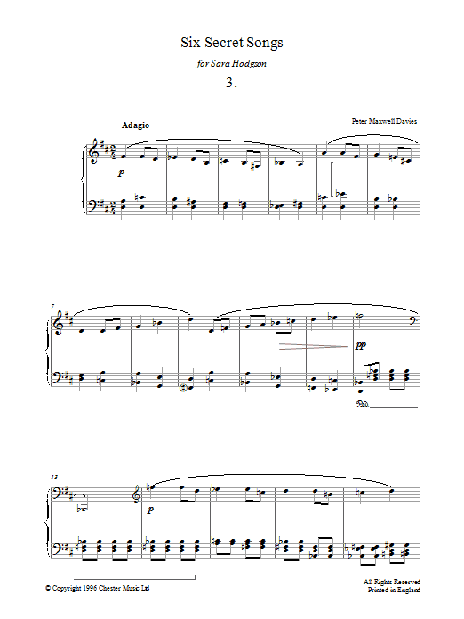 Peter Maxwell Davies Six Secret Songs, No.3, Adagio sheet music, chords, lyrics - Printable PDF for Piano