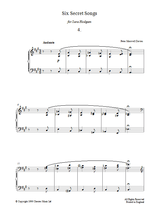 Peter Maxwell Davies Six Secret Songs, No.4, Andante sheet music, chords, lyrics - Printable PDF for Piano