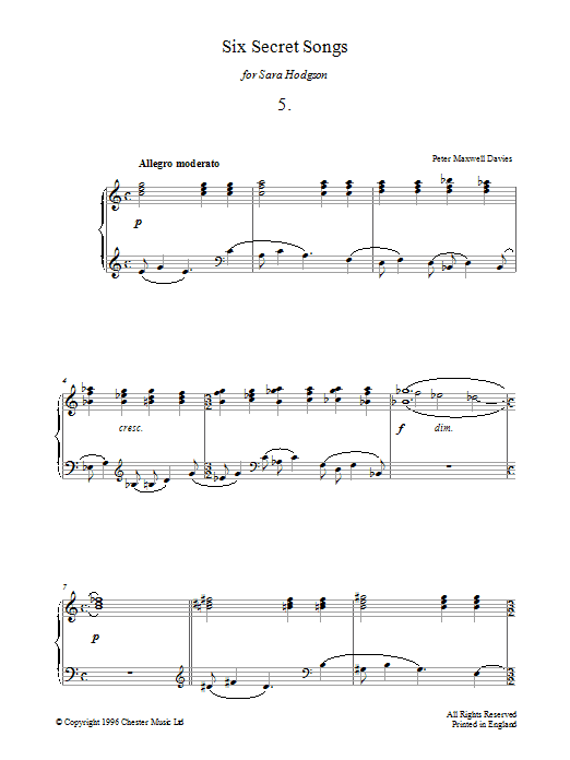 Peter Maxwell Davies Six Secret Songs, No.5, Allegro Moderato sheet music, chords, lyrics - Printable PDF for Piano