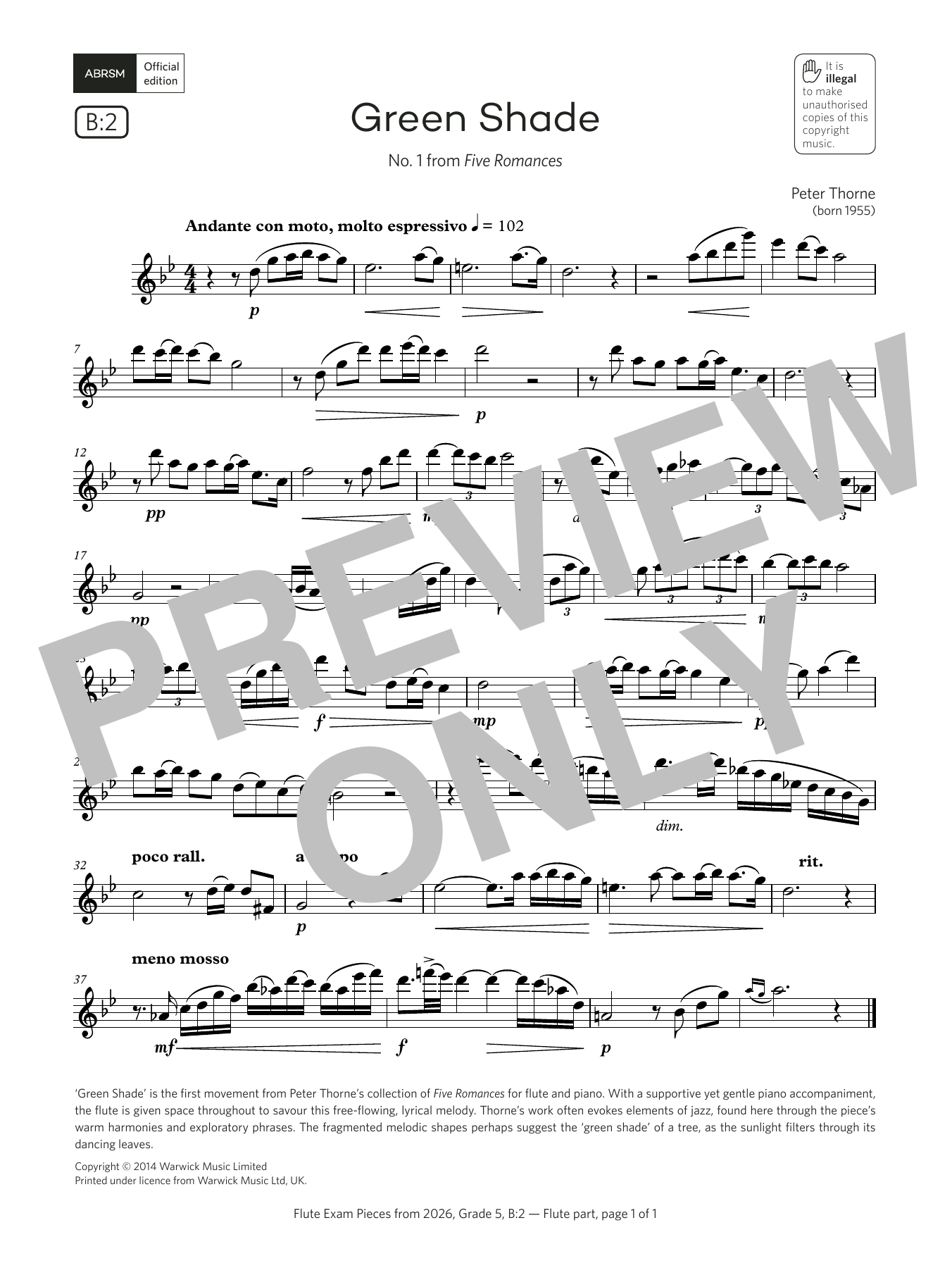 Peter Thorne Green Shade (Grade 5, list B2, from the ABRSM Flute Syllabus from 2026) sheet music, chords, lyrics - Printable PDF for Flute Solo