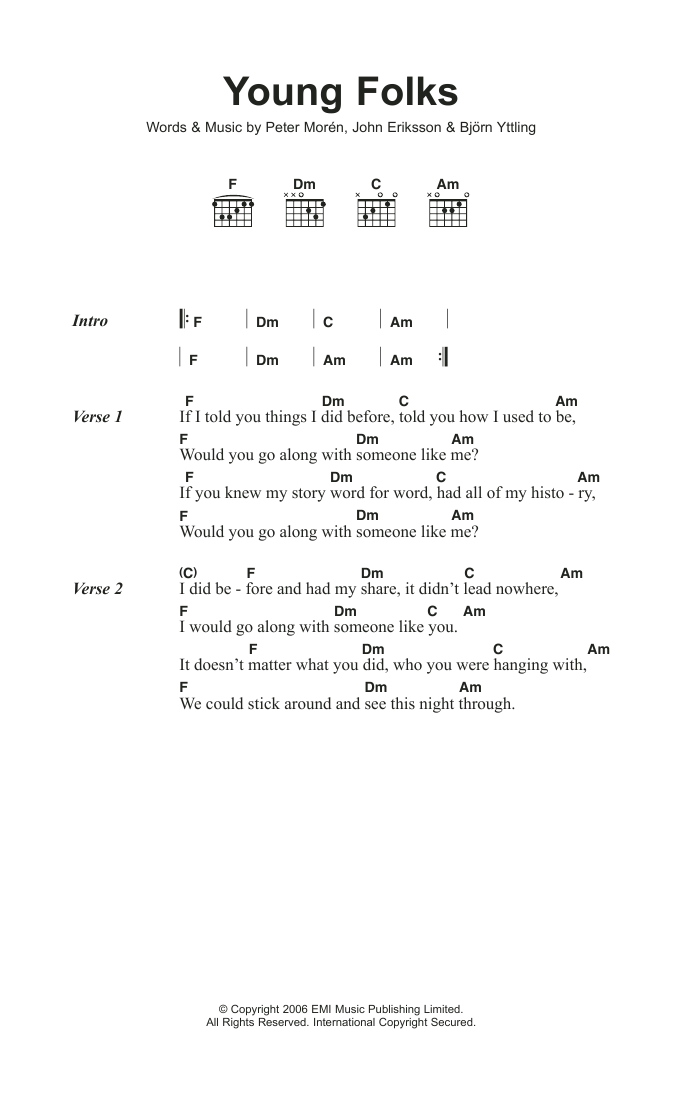 Peter, Bjorn & John Young Folks sheet music, chords, lyrics - Printable PDF for Lyrics & Chords