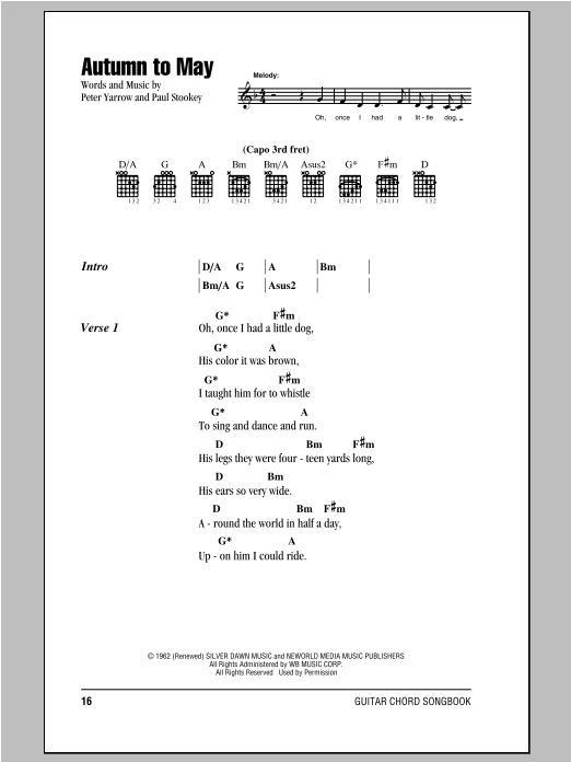 Peter, Paul & Mary Autumn To May sheet music, chords, lyrics - Printable PDF for Lyrics & Chords