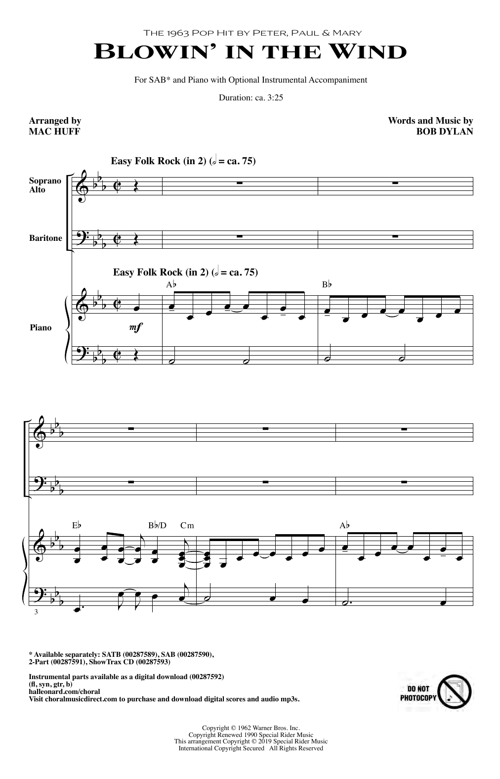 Peter, Paul & Mary Blowin' In The Wind (arr. Mac Huff) sheet music, chords, lyrics - Printable PDF for SAB Choir
