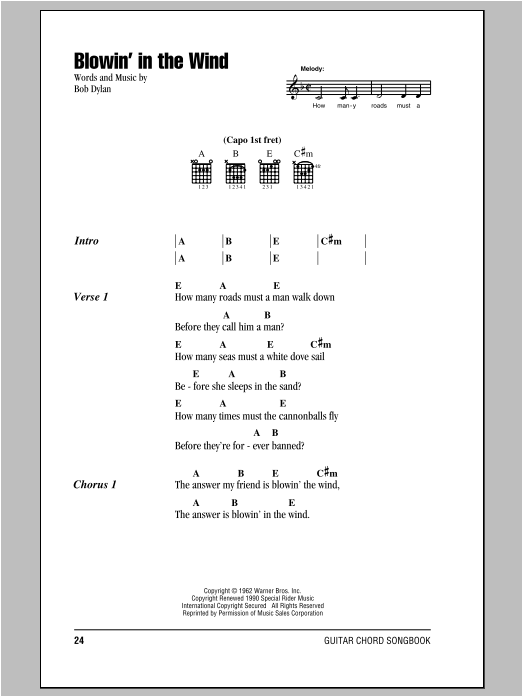 Peter, Paul & Mary Blowin' In The Wind sheet music, chords, lyrics - Printable PDF for Lyrics & Chords