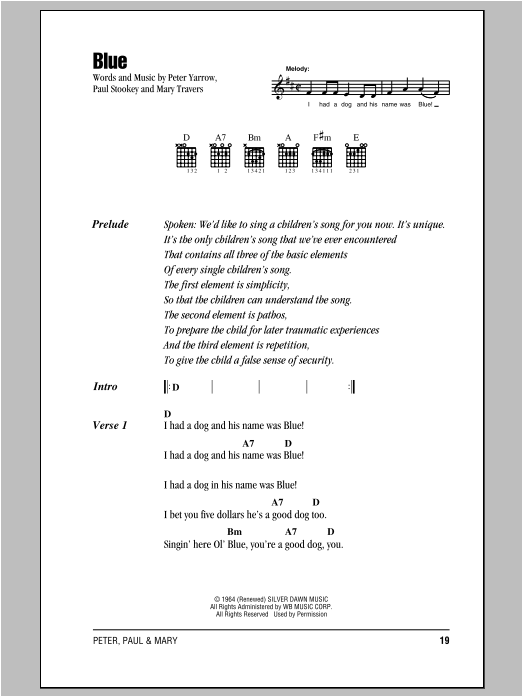 Peter, Paul & Mary Blue sheet music, chords, lyrics - Printable PDF for Lyrics & Chords