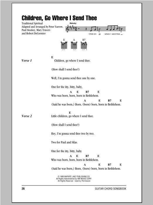 Peter, Paul & Mary Children, Go Where I Send Thee sheet music, chords, lyrics - Printable PDF for Lyrics & Chords