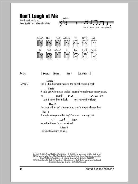 Peter, Paul & Mary Don't Laugh At Me sheet music, chords, lyrics - Printable PDF for Lyrics & Chords
