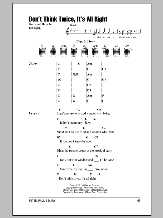 Peter, Paul & Mary Don't Think Twice, It's All Right sheet music, chords, lyrics - Printable PDF for Lyrics & Chords