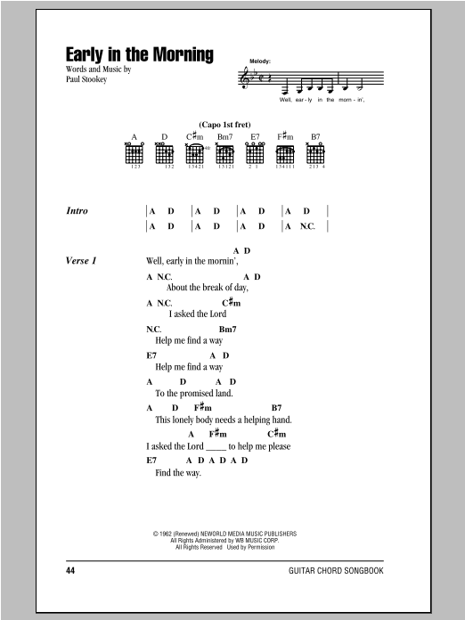 Peter, Paul & Mary Early In The Morning sheet music, chords, lyrics - Printable PDF for Lyrics & Chords