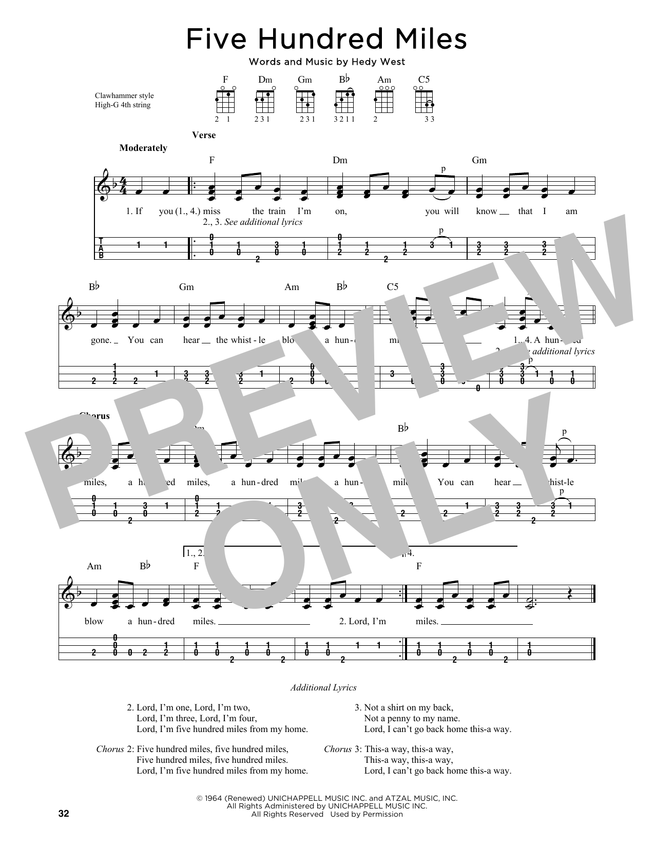 Peter, Paul & Mary Five Hundred Miles (arr. Jim Schustedt) sheet music, chords, lyrics - Printable PDF for Ukulele