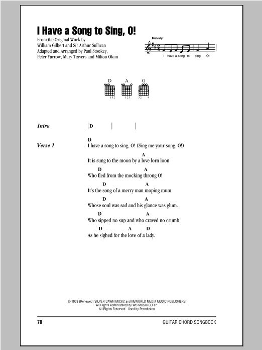 Peter, Paul & Mary I Have A Song To Sing, O! sheet music, chords, lyrics - Printable PDF for Lyrics & Chords