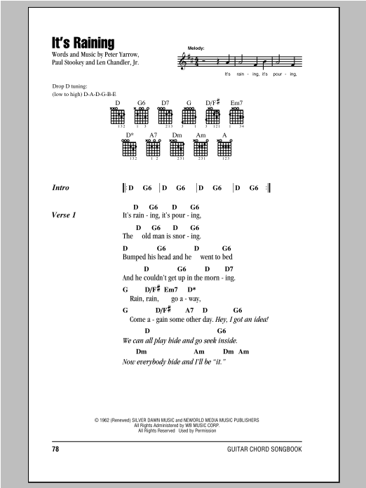 Peter, Paul & Mary It's Raining sheet music, chords, lyrics - Printable PDF for Lyrics & Chords