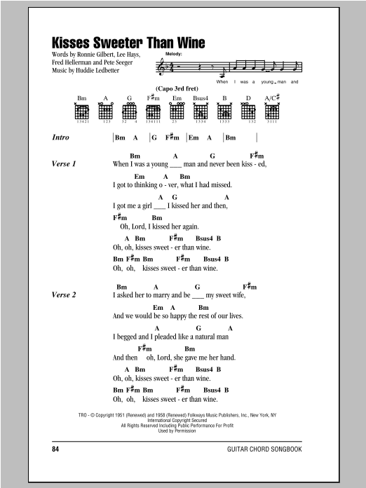 Peter, Paul & Mary Kisses Sweeter Than Wine sheet music, chords, lyrics - Printable PDF for Lyrics & Chords