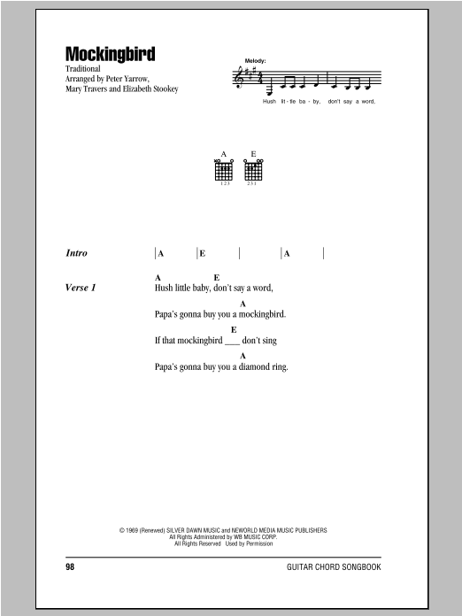 Peter, Paul & Mary Mockingbird sheet music, chords, lyrics - Printable PDF for Lyrics & Chords